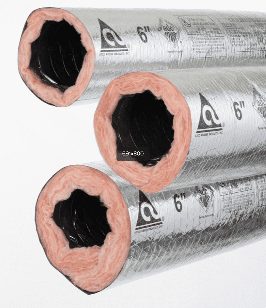 Atco #031 Series 13102405 Insulated Flexible Duct, 5" Duct Size, 300" Length, 8 R-Value, Plain End Connection, Round, Polyester/Steel (Inner Core), Fiberglass (Insulation), Metallized Polyester/Fiberglass (Jacket), 6 In. Wc. (Positive), 1 In. Wc. (Negative) Pressure Rating