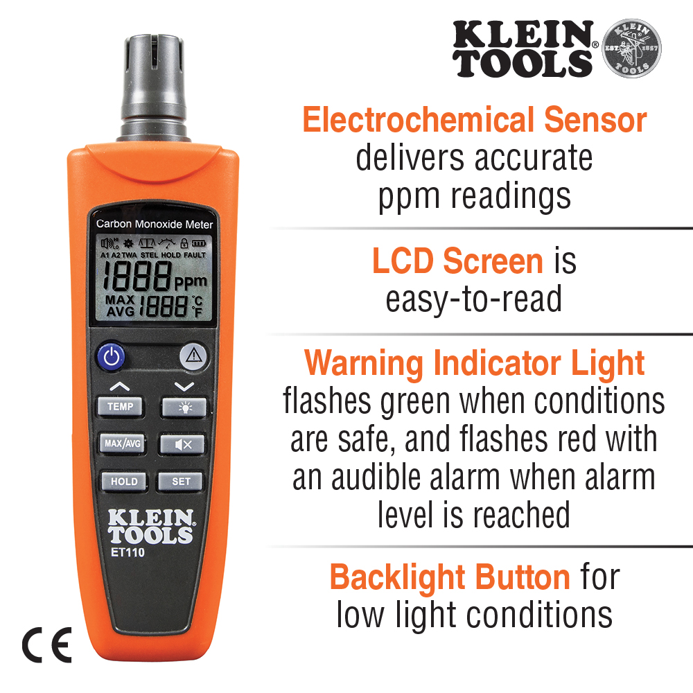 Klein Tools ET110 Carbon Monoxide Meter, 0-1,000 PPM Measuring Range, Audible Alarm, Visual Alarm, LCD, AAA Battery Power Source, 32-122 Â°F, Push Button, 7-3/4" L x 1-9/20" H x 2-4/25" W Dimensions