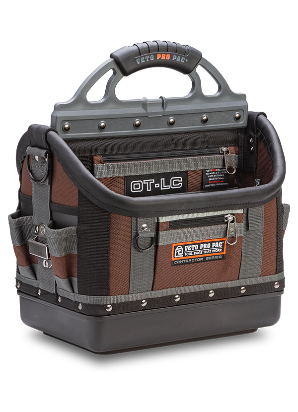 Veto Pro Pac Contractor OT-LC Open Top Tool Bag, 40 (36 Vertical Tiered, 4 Flat Zippered) Pockets, Open Top, 1200 Denier PVC Impregnated Nylon (Body/Pockets), Polypropylene (Base), 35 lbs Weight Capacity, 13" Height, 15" Width, 11-1/2" Depth