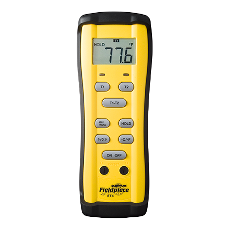 Fieldpiece Instruments ST4 Dual Temperature Meter, K-Type Thermocouple, -58-2000 Â°F, K-Type Wrap Tab Bead (Included), Â°F/Â°c Switchable, Â± 4Â°F (Meter, At -58-32Â°F), Â± (0.3% RDG + 2Â°F) (Meter, At 32-1100Â°F), Â± (0.5% RDG + 2Â°F) (Meter, At 1100-2000Â°F), Â± 1Â°F (After Field Calibration, At 30-120Â°F), Â± 6Â°F (After Field Calibration, At 0-50Â°F), 0.1 Â°F Resolution, LCD (3.5 Digit, 2000 Count)