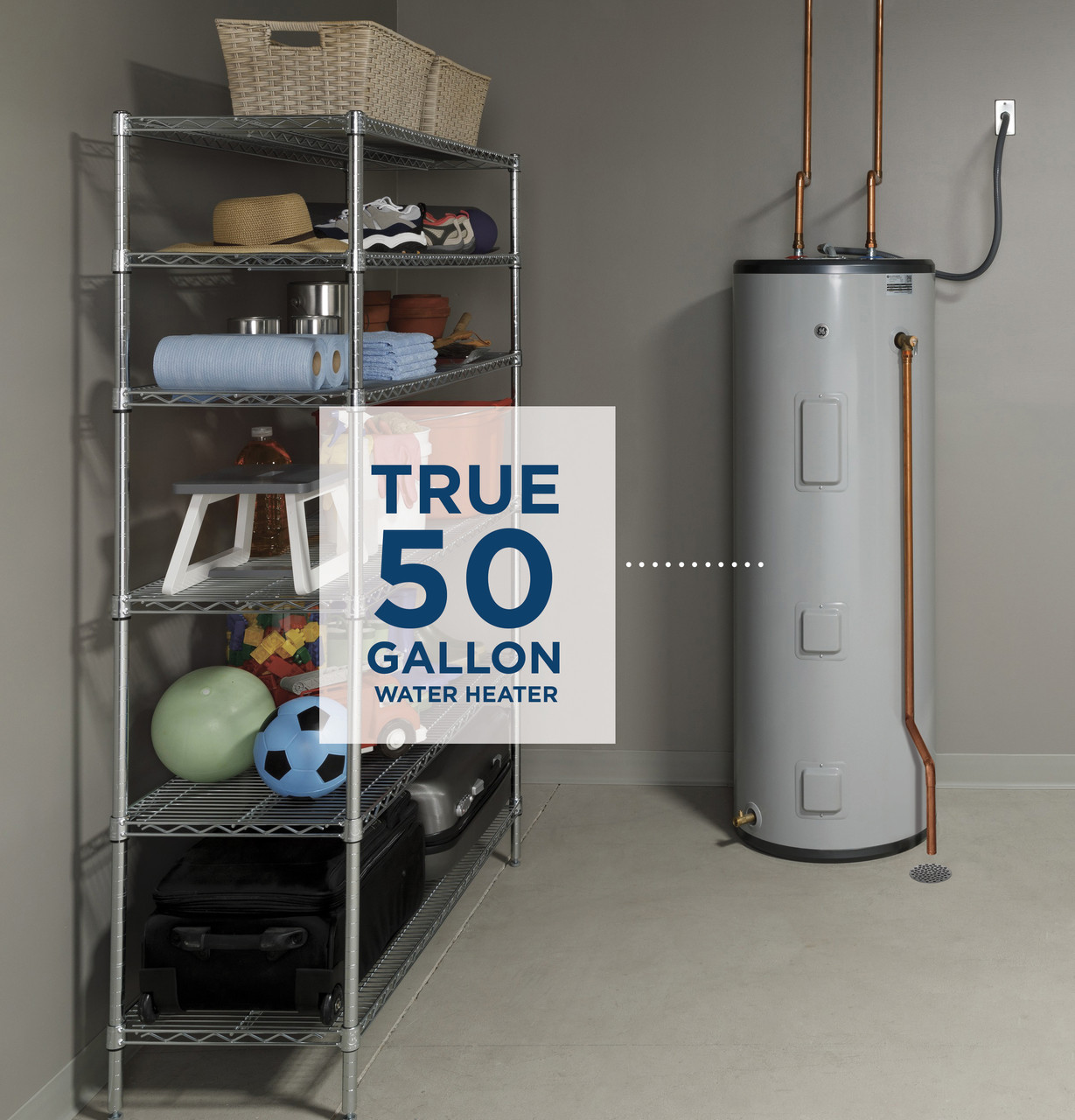 General Electric GE50T10BAM Tall Electric Water Heater, 50 Gallons, 240 V, 5,500 W (Upper), 5,500 W (Lower), 0.93 UEF, 76 Gallons First Hour Delivery, 25.1 GPH (At 90Â°F Rise), 2 Elements