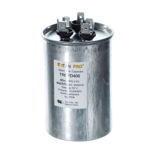 DiversiTech Titan Pro TRCFD405 Dual Motor Run Capacitor, 40/5 MFD, 440/370 VAC, Round, 2 Number Of Sections, 3-27/50" Overall Height, 2.36" Diameter, Aluminum Housing Material