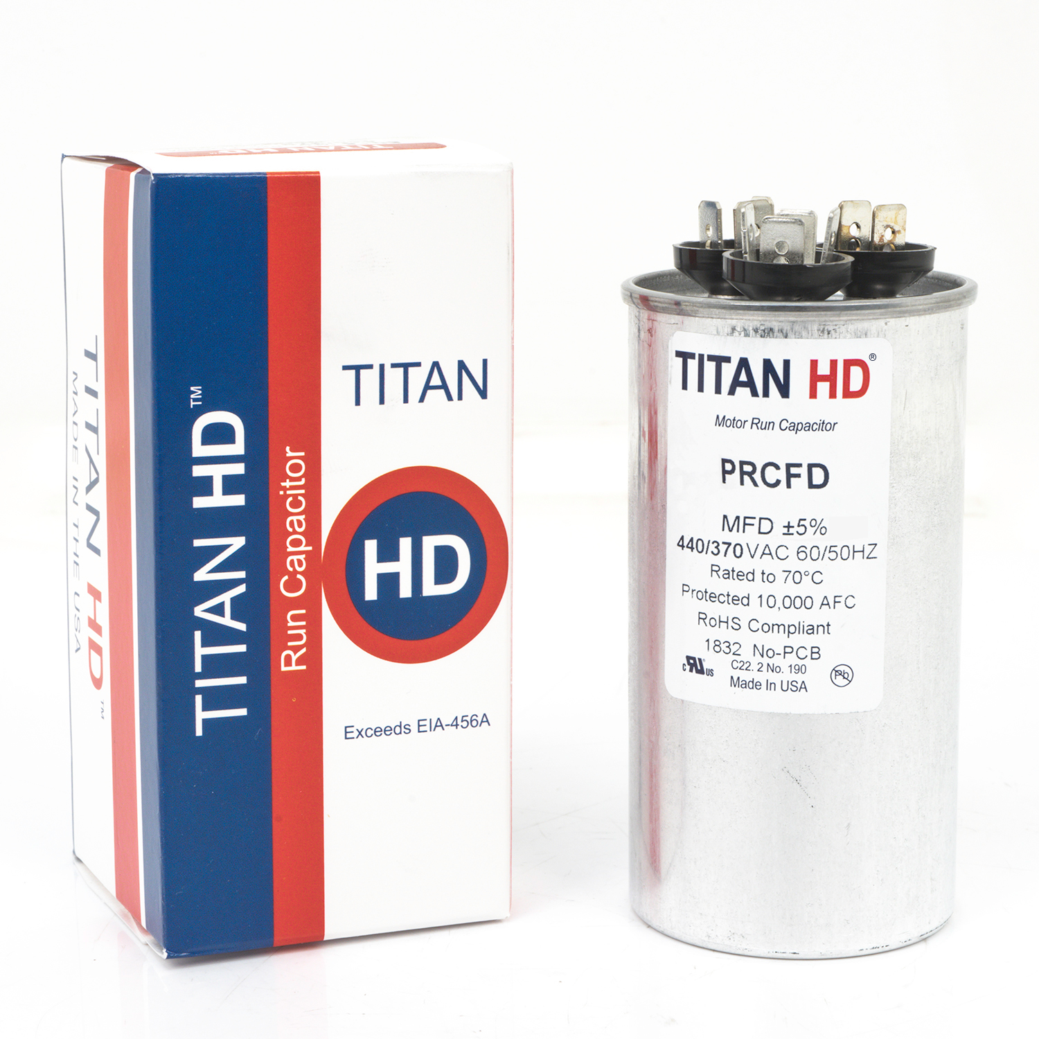 DiversiTech Titan HD PRCFD4575A Dual Motor Run Capacitor, 45/7.5 MFD, 440/370 VAC, Round, 2 Number Of Sections, 4-1/2" Overall Height, 2" Diameter, Aluminum (Case), Steel (Cover) Housing Material