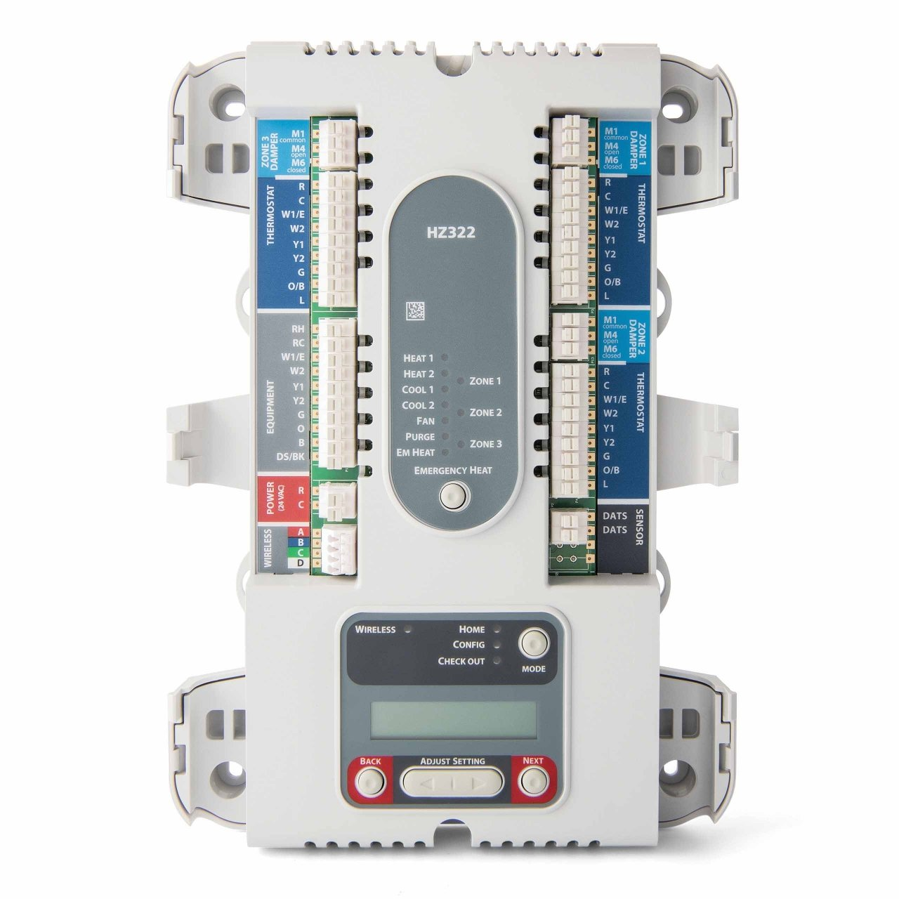 Resideo TrueZONE HZ322 Zoning Control Panel, 3 Zones, 2 H / 2 C, 18-30 VAC, Auto Changeover, Push Terminal, 3 Zones, Up To 2H/2C Conventional, Up To 2H/1C Heat Pump, 24 VAC