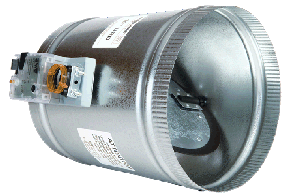 EWC Controls URD Series Round Motorized Damper, 9" Diam Opening Size, Round, 24 VAC, 310 CFM, Slip-In, Duct Mount, 1.5 In. Wc. (Static, Max) Pressure Rating, Power Open/Power Close, Three-Wire