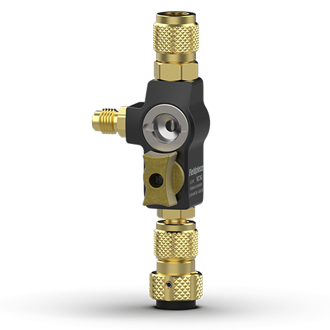 Fieldpiece Instruments VC1G Valve Core Removal Tool, 1/4" Size, 800 PSI, 1/4" Female Port (Service), 1/4" Male Port (Side), 1/4" Male SAE Flare (Service Hose), 5/16" Female SAE Flare (Service Port), Brass, 5-3/50" Length, 2" Width, 1-1/2" Height
