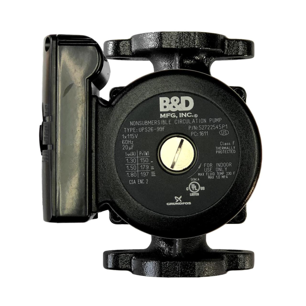 B&D Mfg 26-99 Grundfos UPS 26-99 Circulator Pump, 0-33 GPM, 29' Maximum Head, 1/6 HP, 115 V, 1 Phase, Flange Connection Type, GF 15/26 Flange Inlet Size