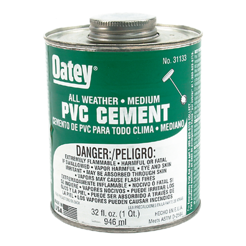 DiversiTech All Weather 530-31132 PVC Cement, PVC, PVC (Up To 6" Diameter With Interference Fit), 16 Fl Oz Net Content, Medium Body (Min. 500 Cps @ 73Â°F Â± 2Â°F) Viscosity, 1-2 Mins (70-90Â°F), 2-3 Mins (50-70Â°F), 3-4 Mins (30-50Â°F) Setting Time, -15-110 Â°F (Application), â‰¤510 g/L VOC Content