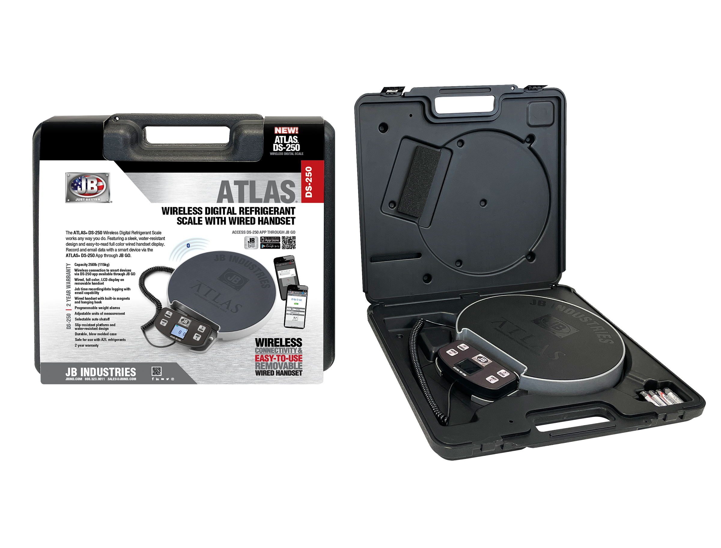 JB Industries ATLAS DS-250 Wireless Digital Refrigerant Scale, 250 lbs Capacity, +/- 0.3% RDG, 0.25 Oz Resolution, Wireless (Bluetooth), Wired Handset, Battery (AA X4), 58 Hrs, Color LCD (Wired Handset)