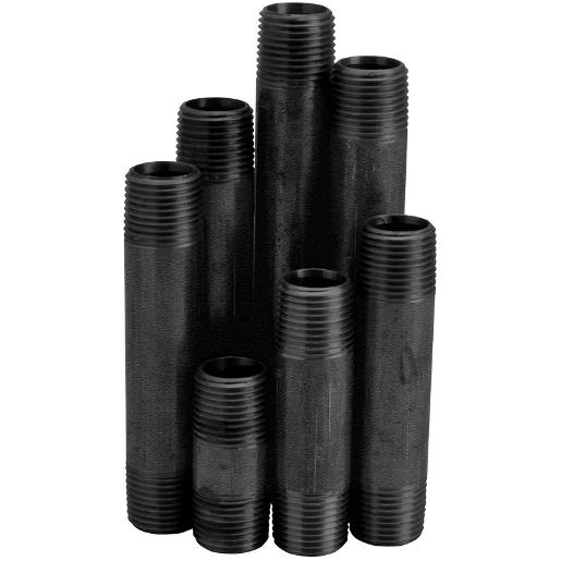 Wolverine Brass 83254 Black Malleable Iron Pipe Nipple, 1/2" Connection Size 1, Threaded Connection, 9" Length, Black Malleable Iron, Black, Nipple
