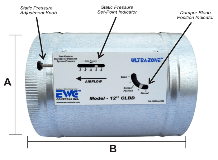 EWC Controls CLBD Series 14 CLBD Constant Load Bypass Damper, 1,700 CFM, 14" Diameter, Manual, Barometric Bypass, Round, In-Duct Mount, 0.3 In. Wc. - 0.8 In. Wc. (Adjustable Static Pressure Range) Pressure Rating, 14" Diam x 16" L Size
