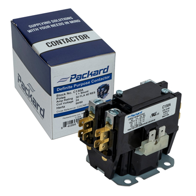 Packard C130A Definite Purpose Contactor, 1 (With Shunt) Pole, 30 A Contact Rating, 24 VAC, 600 VAC, 1-Phase, 40 A, 180 A (240 V), 150 A (480 V), 120 A (600 V)