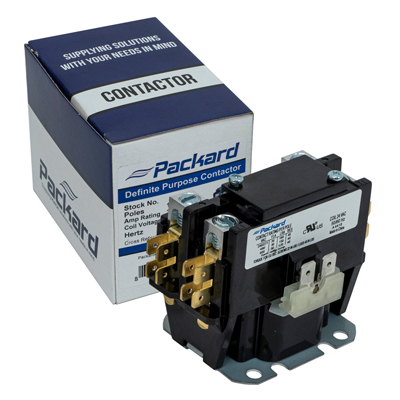 Packard C140A Definite Purpose Contactor, 1 Pole, 40 A (Inductive, 600 VAC), 50 A (Resistive, 600 VAC) Contact Rating, 24 VAC, 600 VAC, 1-Phase, 240 A (240 V), 200 A (480 V), 160 A (600 V), Box Lug, Spade Terminal Connection Type