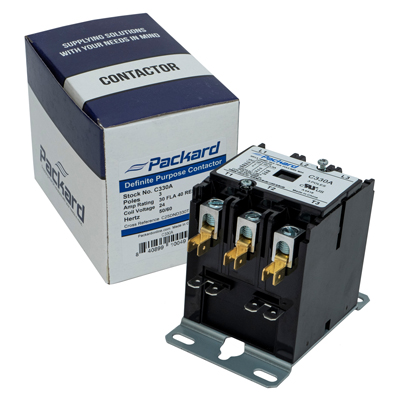 Packard C340C Definite Purpose Contactor, 3 Pole, 40 A (Inductive, 600 VAC), 50 A (Resistive, 600 VAC) Contact Rating, 208 VAC, 240 VAC, 600 VAC, 240 A (240 V), 200 A (480 V), 160 A (600 V), Box Lug, Spade Terminal Connection Type, Foot Mount