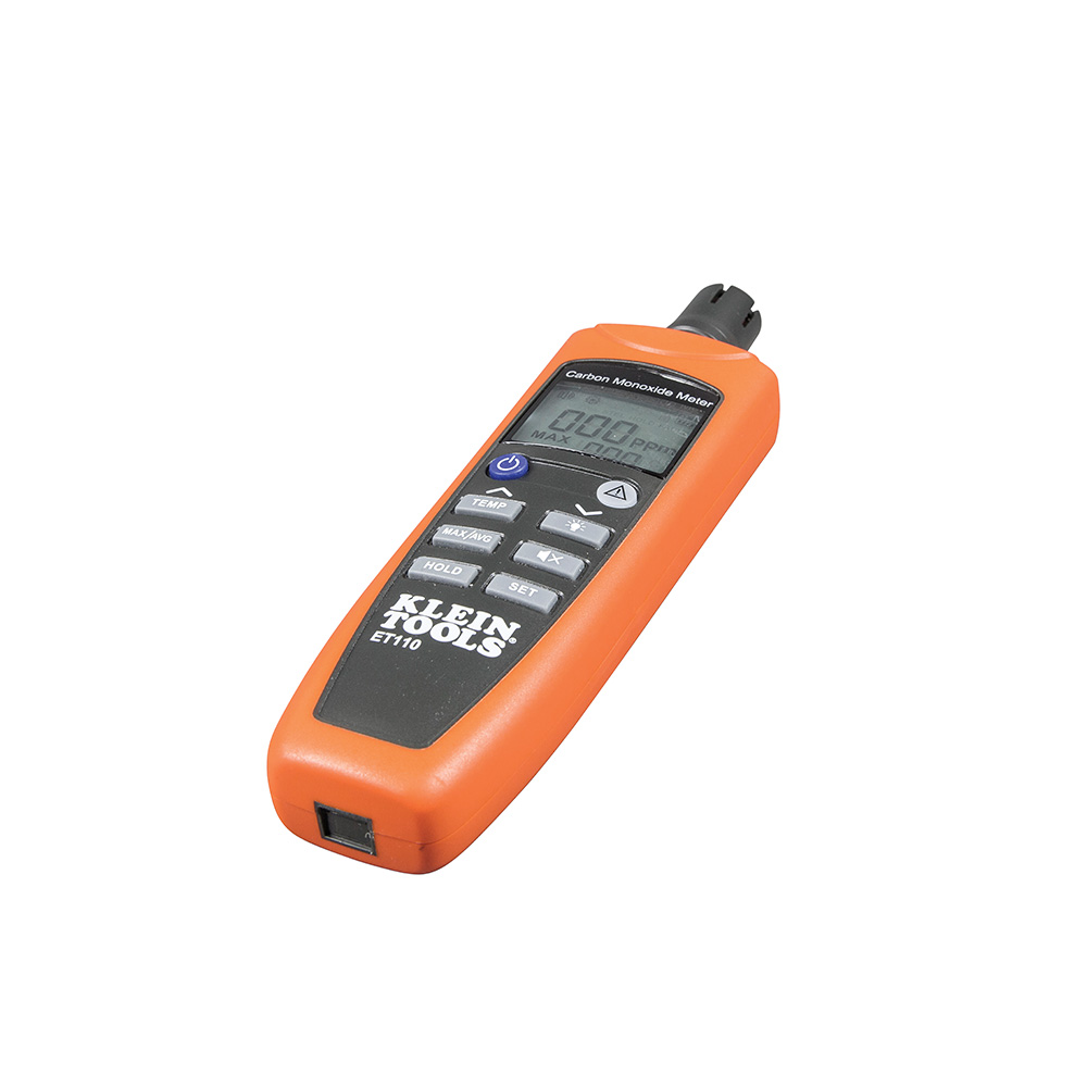 Klein Tools ET110 Carbon Monoxide Meter, 0-1,000 PPM Measuring Range, Audible Alarm, Visual Alarm, LCD, AAA Battery Power Source, 32-122 Â°F, Push Button, 7-3/4" L x 1-9/20" H x 2-4/25" W Dimensions