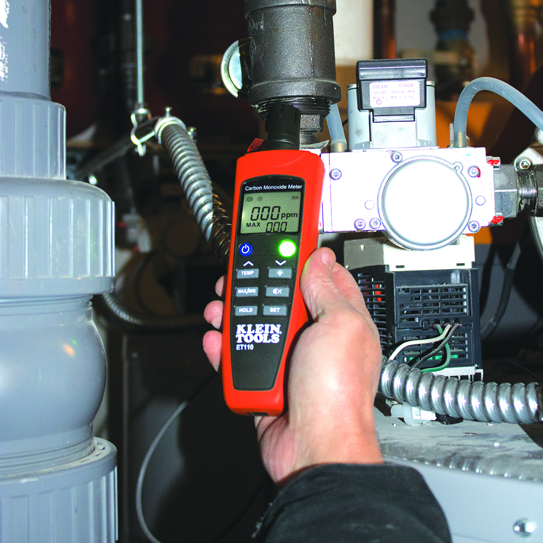 Klein Tools ET110 Carbon Monoxide Meter, 0-1,000 PPM Measuring Range, Audible Alarm, Visual Alarm, LCD, AAA Battery Power Source, 32-122 Â°F, Push Button, 7-3/4" L x 1-9/20" H x 2-4/25" W Dimensions