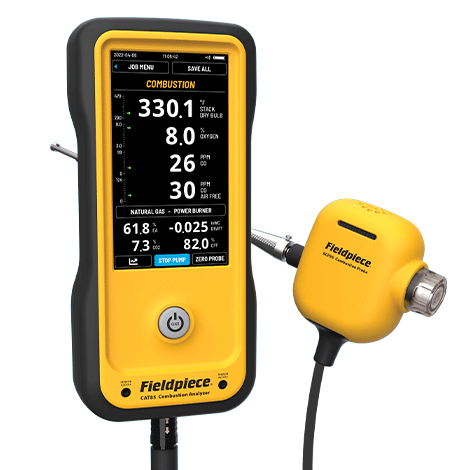 Fieldpiece Instruments CAT85K2 Combustion Analyzer Kit, Natural Gas, Propane (LP), Light Oil (#2), Heavy Oil (#6), Biofuel, Coal, Coal Town Gas, Coking Oven Gas, KOKS, Custom, Electrochemical (Replaceable), 0-4,000 PPM (CO), 0-21% (O2), Â± 20 PPM (CO, 0-400 PPM), Â± 5% RDG (CO, 401-2,000 PPM), Â± 10% RDG (CO, 2,001-4,000 PPM), Â± 0.3% (O2), Â± 0.02 In. W.c. (Draft Pressure), 1 PPM (CO), 0.1% (O2), 0.01 In. Wc. (Draft Pressure) Resolution, <30 Seconds (T90, Oxygen), <90 Seconds (T90, CO), Rechargeable Battery