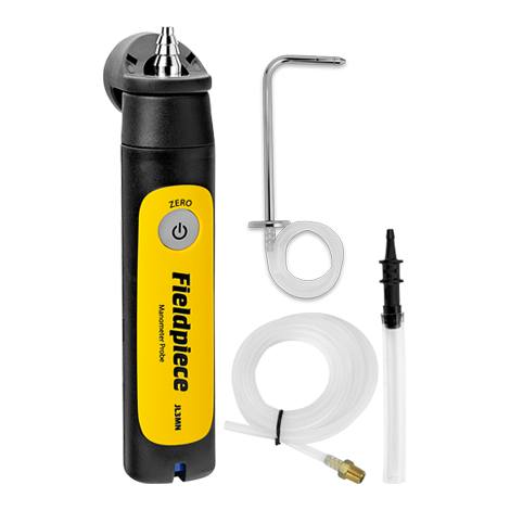Fieldpiece Instruments JL3MN Single Port Wireless Manometer, +/- 60 In. Wc. Measuring Range, Â± 0.02 In. W.c. (0-2 In. W.c.), Â± 1.5% FS (2-60 In. W.c.), Â± 0.001 PSI (0-0.072 PSI), Â± 1.5% FS (0.072-2.165 PSI) Accuracy, 0.01 In. Wc. Resolution, Tube Connector (Flexible Tubing), 0.177"-0.315" (ID, Tubing) Fitting Size, App-Based (Job Link), Battery
