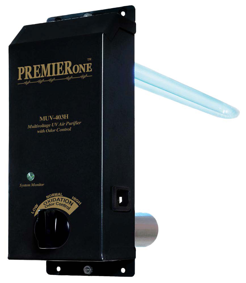 Premier One MUV-403H MUV-403H-16/5 UV Germicidal Air Purifier w/ Odor Control, 120-240 VAC, 46 W, Germs, Viruses, Fungi, Odors, Vocs, Germicidal H Lamp (Twin Tube UVC), UVV Lamp (Odor Control), 2 Yrs Lamp Life, 2 Lamps, 10-3/4" Height