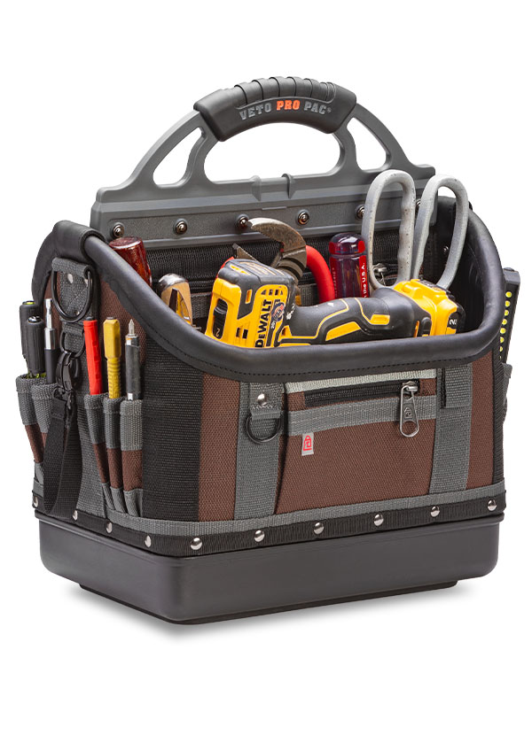 Veto Pro Pac Contractor OT-LC Open Top Tool Bag, 40 (36 Vertical Tiered, 4 Flat Zippered) Pockets, Open Top, 1200 Denier PVC Impregnated Nylon (Body/Pockets), Polypropylene (Base), 35 lbs Weight Capacity, 13" Height, 15" Width, 11-1/2" Depth