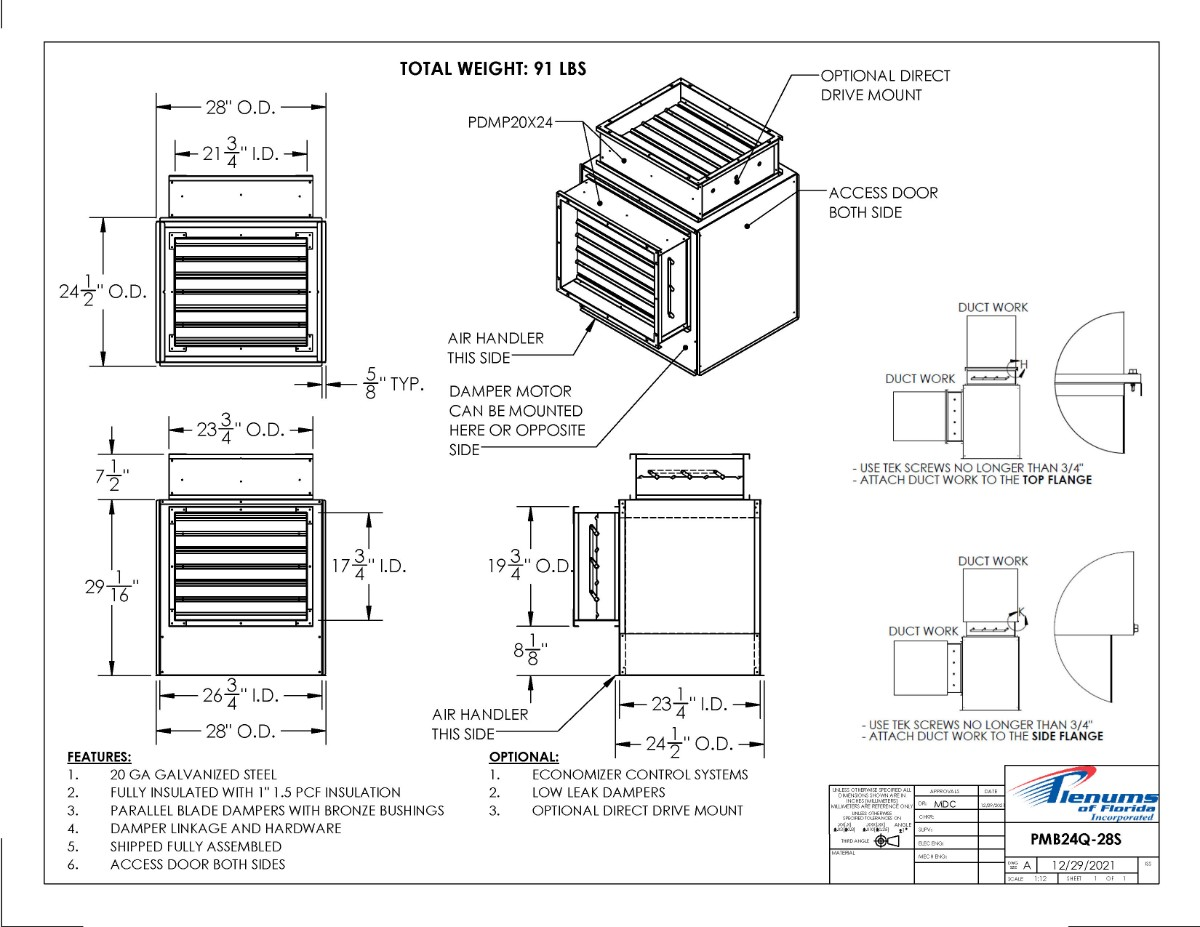 Plenums of Florida PMB Series PMB24Q-28S Insulated Mixing Box, 24-1/2" W x 28" D (Fit) Dimensions, Galvanized Steel, Galvanized