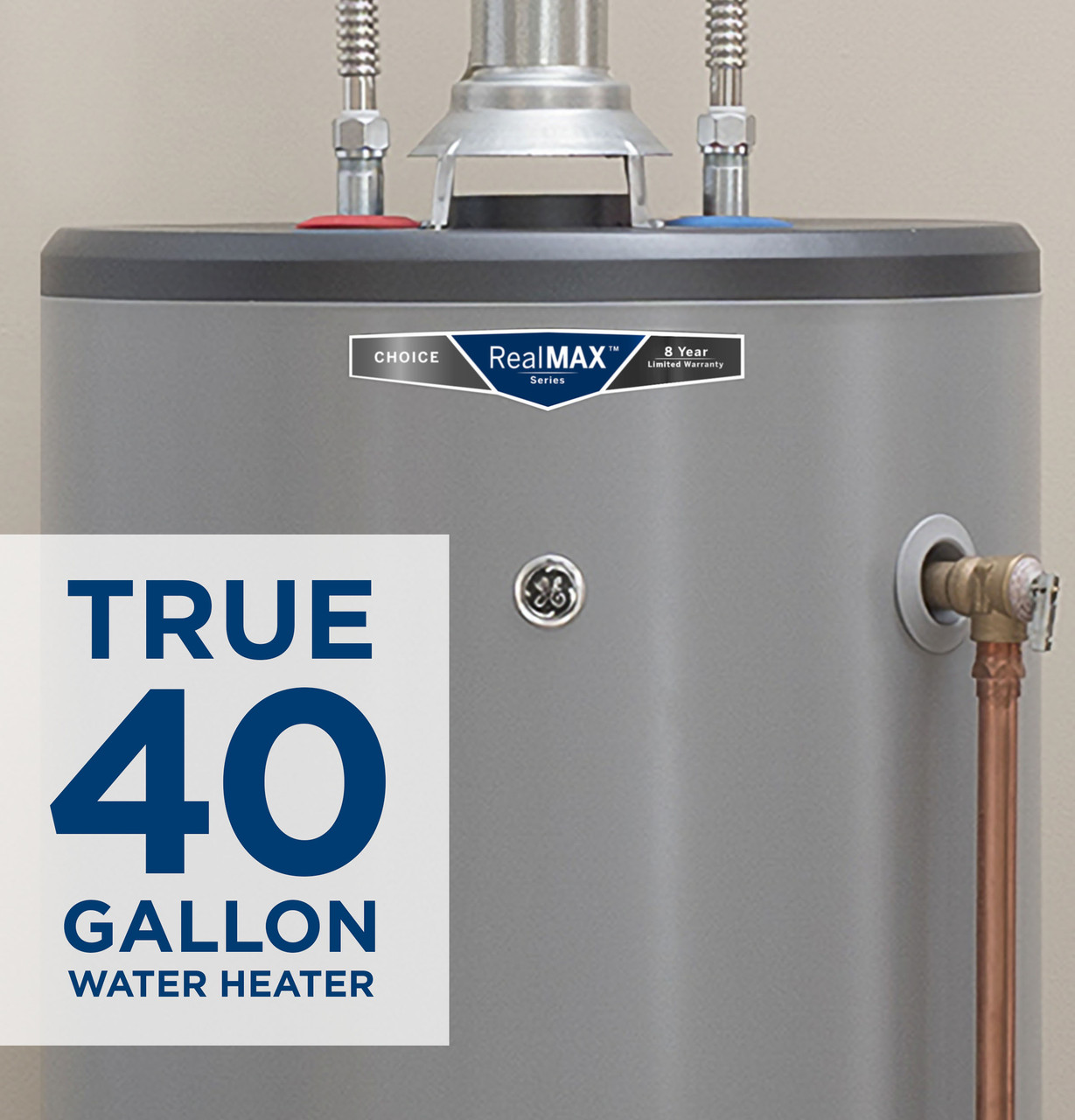 General Electric RealMAX Choice GG40S08BXR Short Natural Gas Water Heater, 40 Gallons Capacity, 38,000 BTU/hr, Natural Gas, 78 GPH First Hour Delivery, 39.5 GPH Recovery Rate, 0.64 UEF, No Energy Star Compliant
