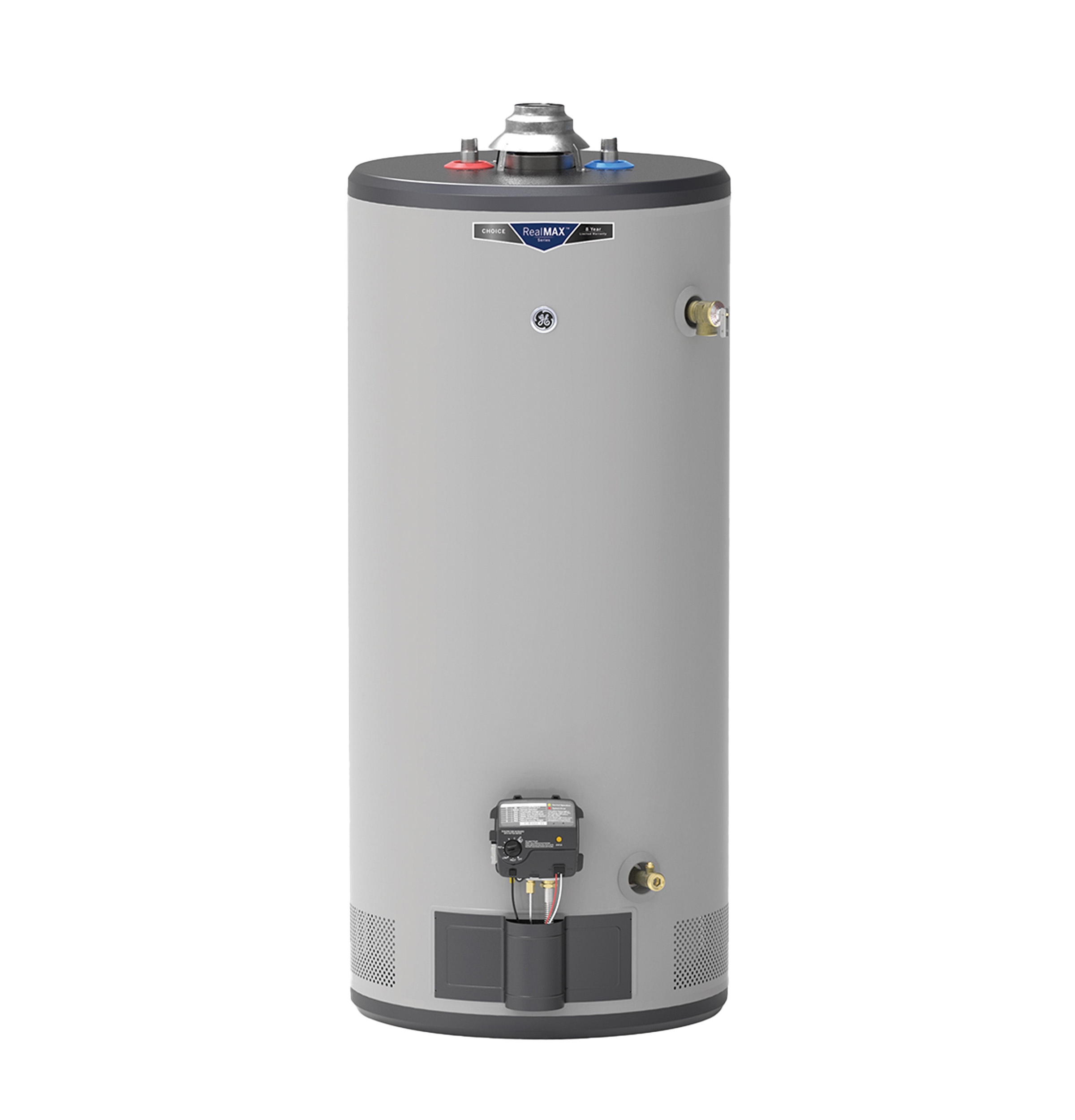 General Electric RealMAX Choice GG40S08BXR Short Natural Gas Water Heater, 40 Gallons Capacity, 38,000 BTU/hr, Natural Gas, 78 GPH First Hour Delivery, 39.5 GPH Recovery Rate, 0.64 UEF, No Energy Star Compliant