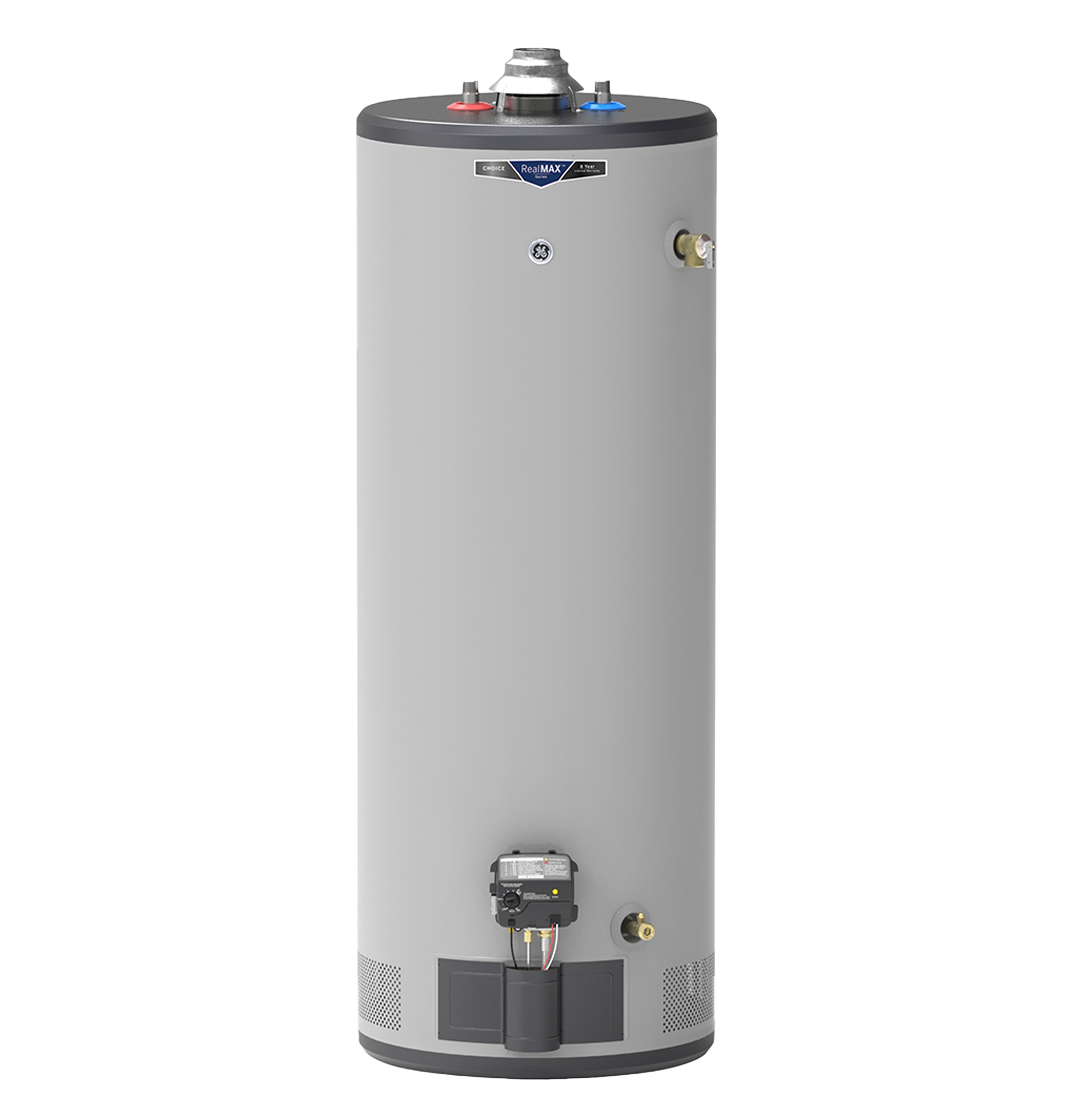 General Electric RealMAX Choice GG50T08BXR Tall Natural Gas Water Heater, 50 Gallons Capacity, 40,000 BTU/hr, Natural Gas, 82 GPH First Hour Delivery, 41.6 GPH (At 90Â°F Rise) Recovery Rate, 0.64 UEF, No Energy Star Compliant