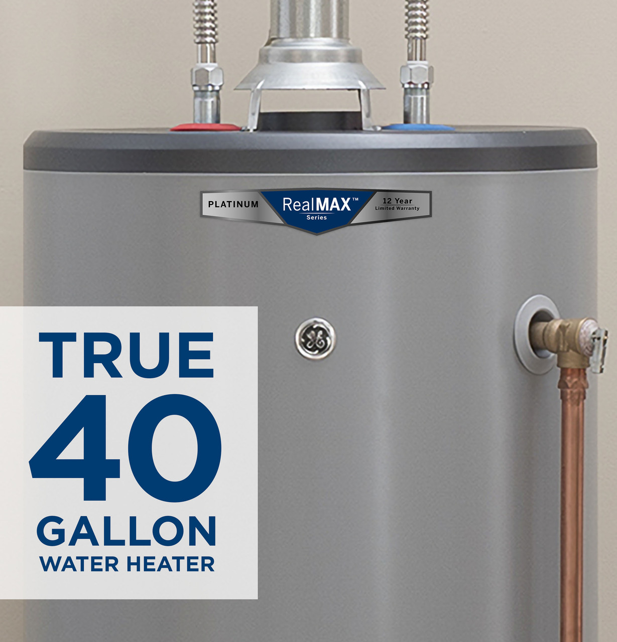 General Electric RealMAX Platinum GG40T12BXR Tall Natural Gas Water Heater, 40 Gallons Capacity, 40,000 BTU/hr, Natural Gas, 83 GPH First Hour Delivery, 41.6 GPH (At 90Â°F Rise) Recovery Rate, No Energy Star Compliant, Atmospheric Vent Type