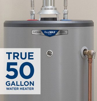 General Electric RealMAX Platinum Tall Natural Gas Water Heater, 50 Gallons Capacity, 40,000 BTU/hr, Natural Gas, 82 GPH First Hour Delivery, 41.6 GPH (At 90Â°F Rise) Recovery Rate, 0.64 UEF, No Energy Star Compliant