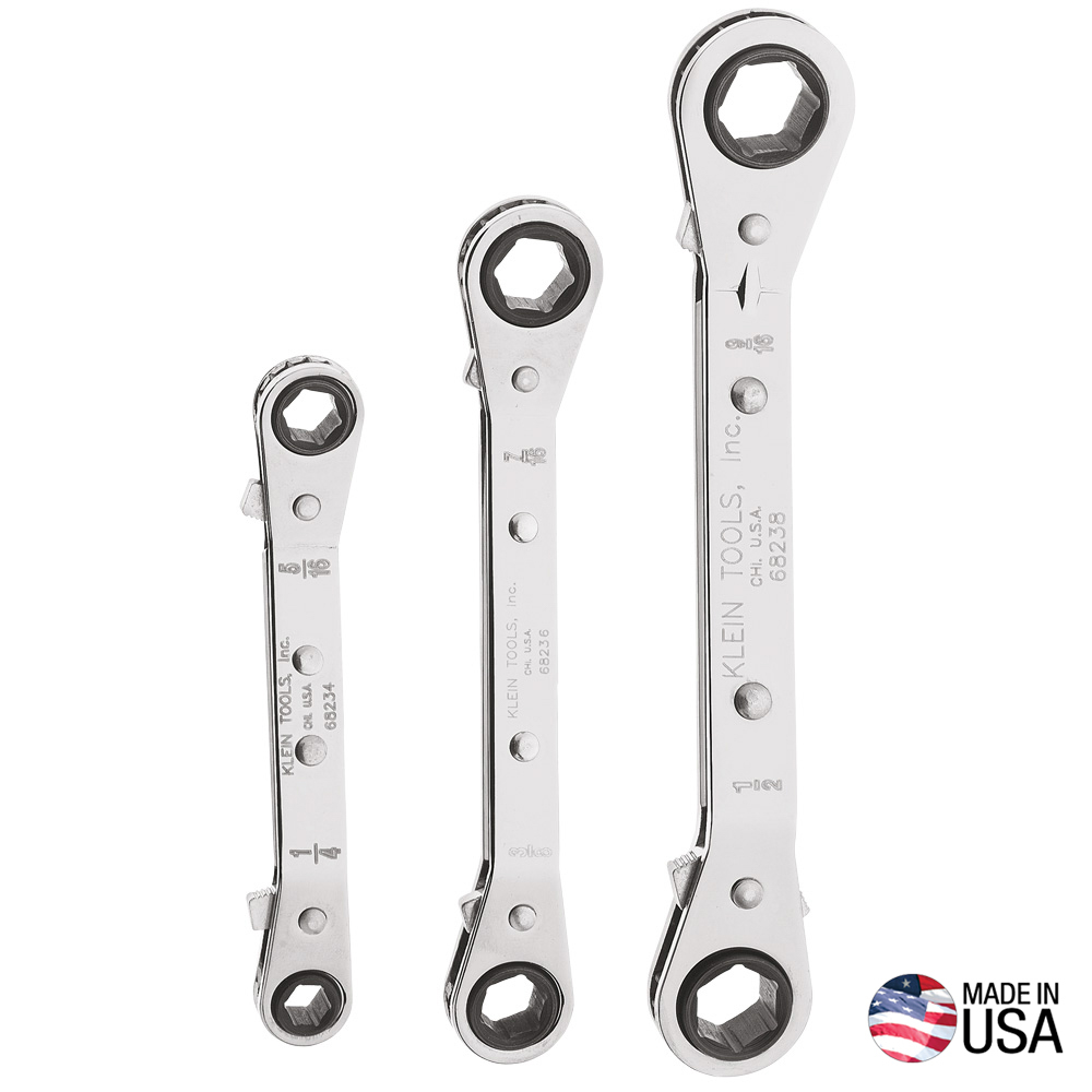 Klein Tools 68244-5 Reversible Ratcheting Box Wrench Set, 3 Pcs-Piece Set, 1/4" x 5/16", 3/8" x 7/16", 1/2" x 9/16" Wrench Sizes, SAE, Laminated Steel, 6 Points, 25 Degrees Offset Angle, Chrome Plated