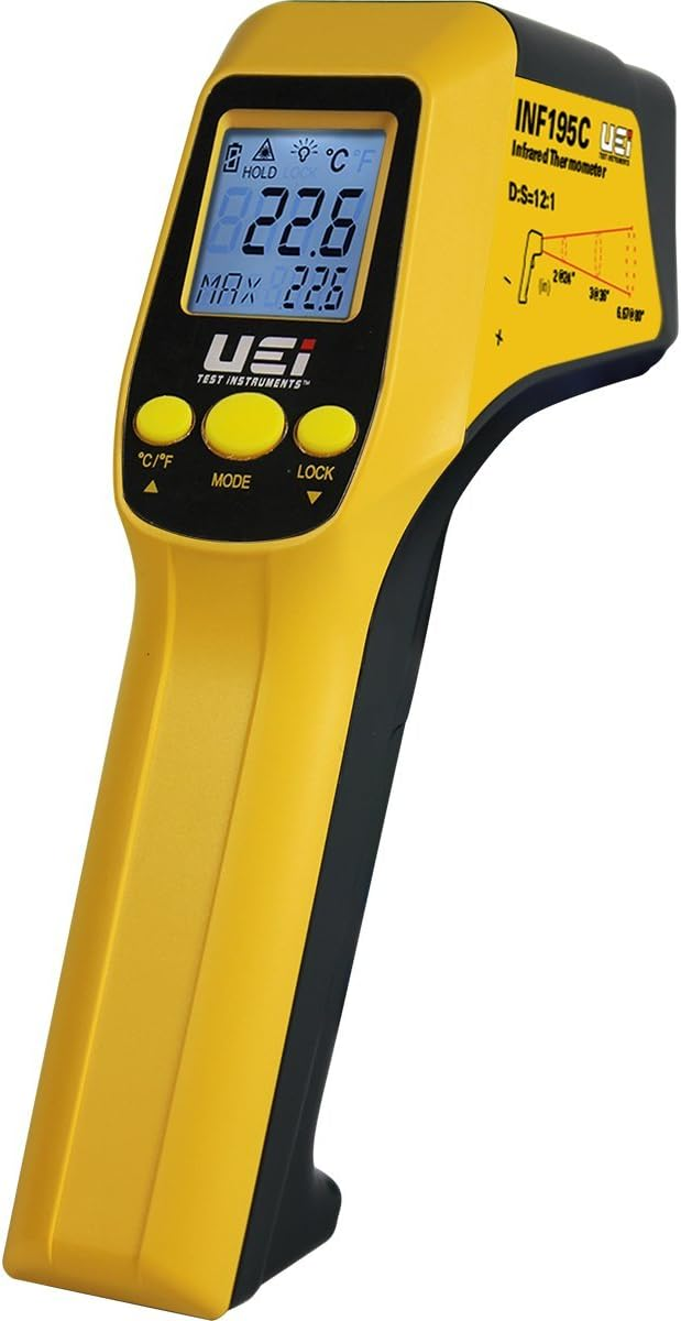 UEi Test Instruments SCOUT 2 INF195C Infrared Thermometer, Infrared Surface Temperature, K-Type Probe Temperature, K-Type Thermocouple, -76-1,022 Â°F (Infrared), -83.2-1,999 Â°F (K-Type Probe) Measuring Range, Â± 1.0% RDG Or Â± 1.8Â°F Whichever Is Greater (K-Type Probe), +0.05Â° Per Degree +4Â°F (Infrared, -76Â°F To 32Â°F), +2.0% RDG Or +4Â°F Whichever Is Greater (Infrared, 32Â°F To 1022Â°F), 1.0 Â°F (â‰¥ 83.2 Â°F), 1 Second, Digital