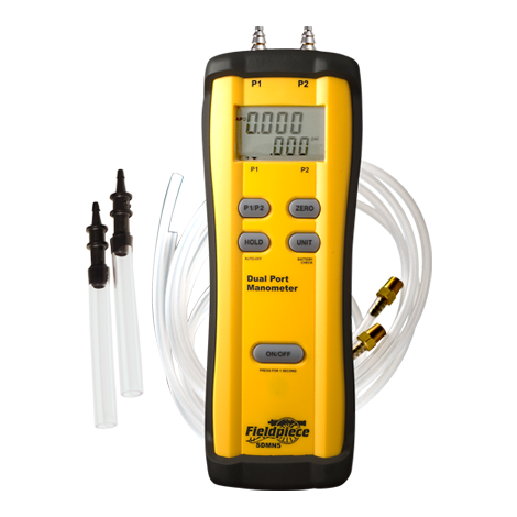 Fieldpiece Instruments SDMN5 SDMN5 Dual Port Manometer, +/- 60 In. Wc. Measuring Range, Â± 0.02 In. W.c. (0-2 In. W.c., At 32-122Â°F), Â± 1.5% FS (2-60 In. W.c., At 32-122Â°F), Â± 0.001 PSI (0-0.07 PSI, At 32-122Â°F), Â± 1.5% FS (0.07-2 PSI, At 32-122Â°F) Accuracy, 0.01 In. Wc. Resolution, Tube Connector (5mm/3/16" ID Flexible Tubing), LCD, Battery, 200 Hrs Battery Life