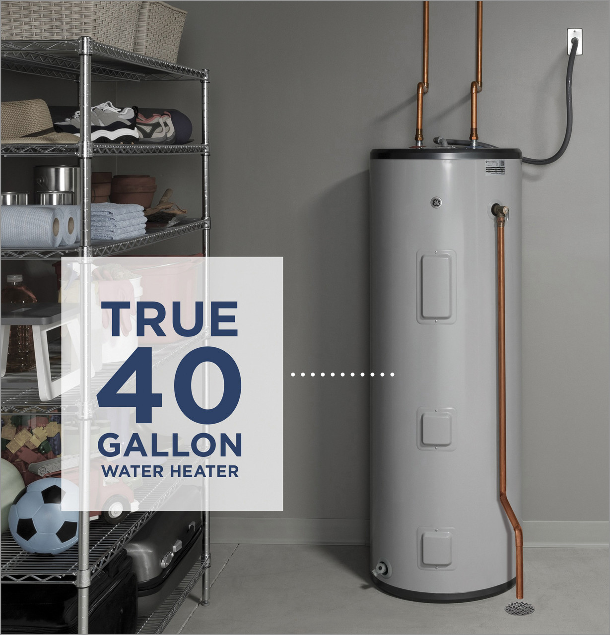 General Electric GE40T08BAM Tall Electric Water Heater, 40 Gallons, 240 V, 5,500 W (Upper), 5,500 W (Lower), 0.92 UEF, 65 Gallons First Hour Delivery, 25.1 GPH (At 90Â°F Rise), 2 Elements