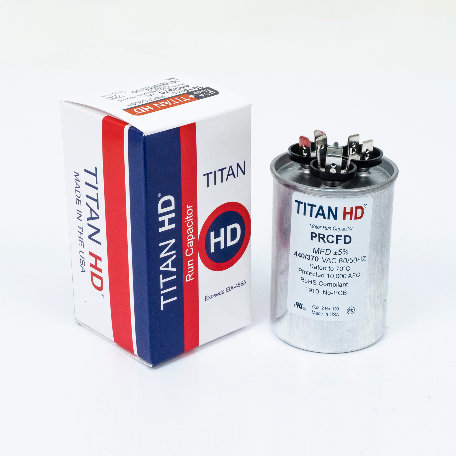Packard Titan HD PRCFD305A Dual Motor Run Capacitor, 30/5 MFD, 440/370 VAC, Round, 2 Number Of Sections, 3-13/32" Overall Height, 2" Diameter, Aluminum (Case), Steel (Cover) Housing Material