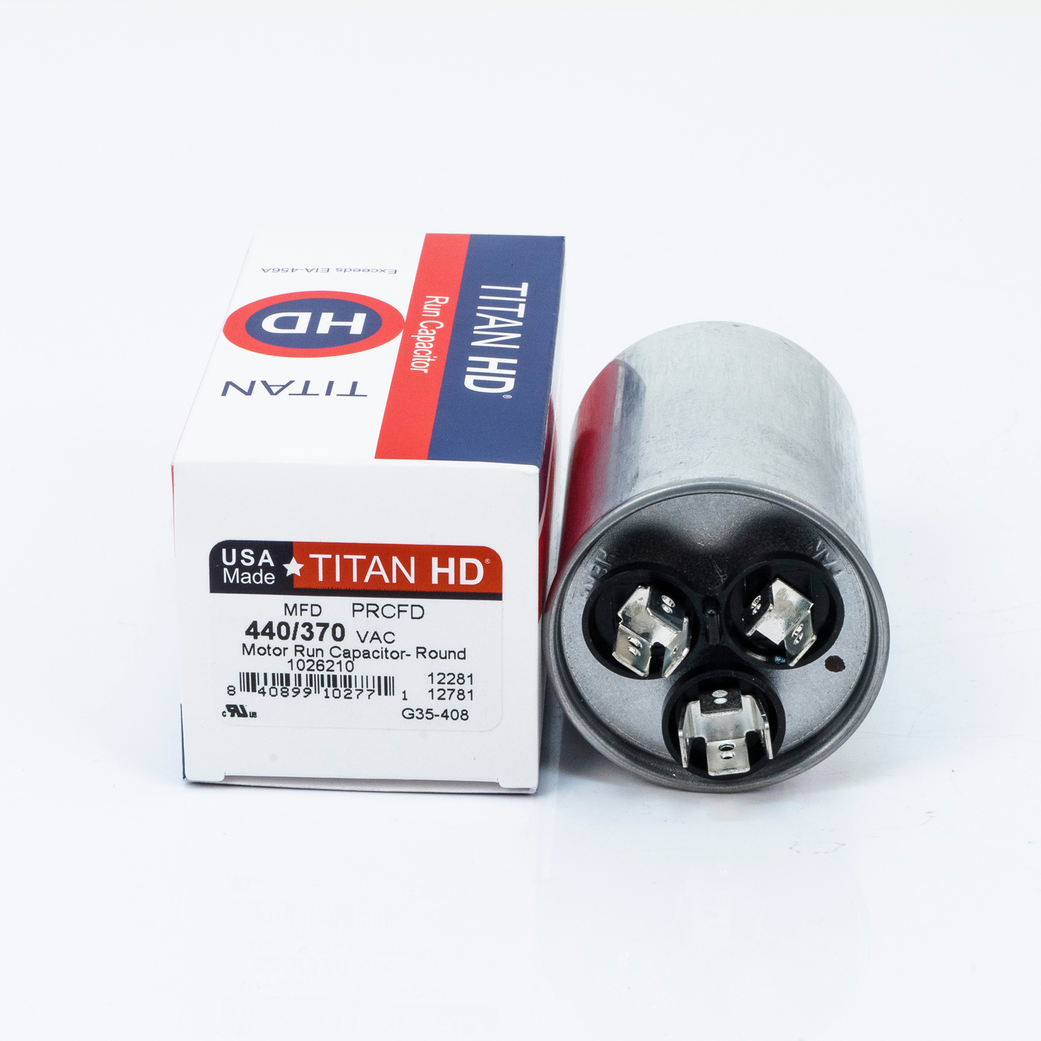 Packard Titan HD PRCFD305A Dual Motor Run Capacitor, 30/5 MFD, 440/370 VAC, Round, 2 Number Of Sections, 3-13/32" Overall Height, 2" Diameter, Aluminum (Case), Steel (Cover) Housing Material