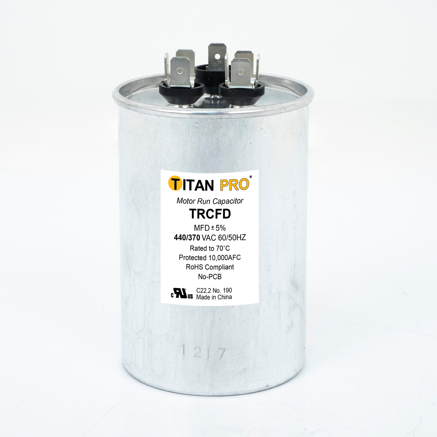 DiversiTech Titan Pro TRCFD405 Dual Motor Run Capacitor, 40/5 MFD, 440/370 VAC, Round, 2 Number Of Sections, 3-27/50" Overall Height, 2.36" Diameter, Aluminum Housing Material