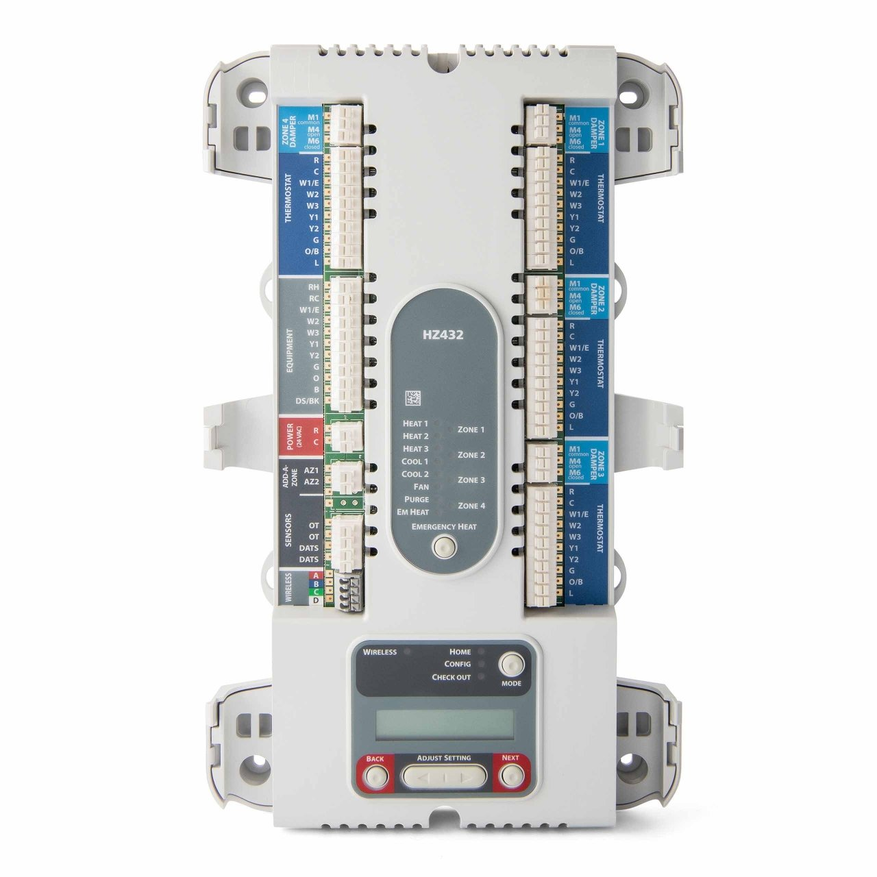 Resideo TrueZONE HZ432 Zoning Control Panel, 4 Zones, 3 H / 2 C, 24 VAC, Auto Changeover, Push Terminal, 8.5 VA (Zone Panel), 18 AWG, 20 AWG Wire Size