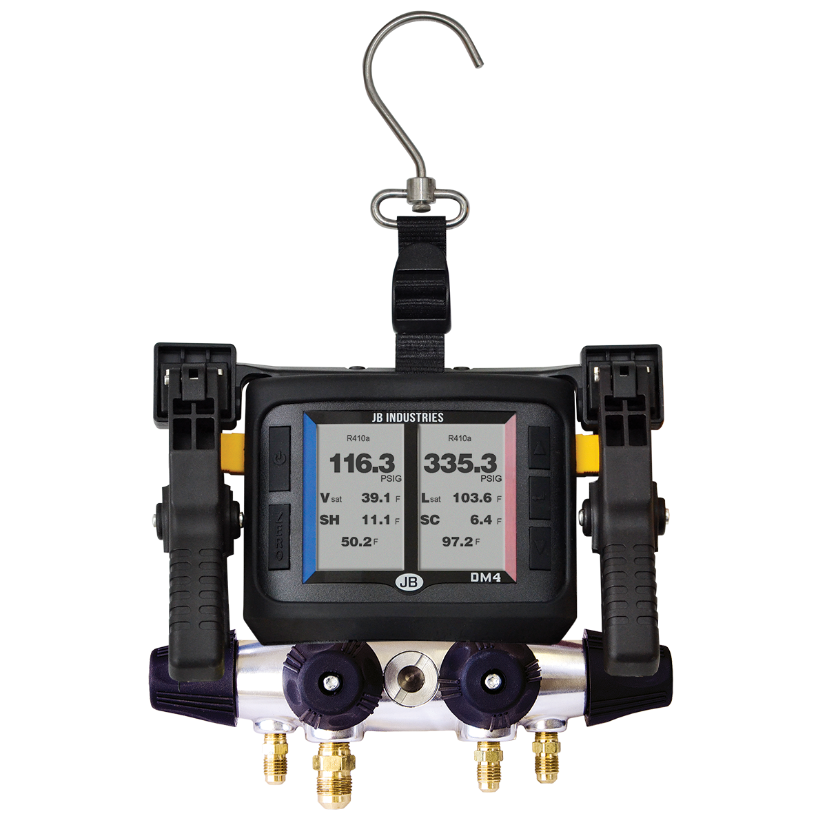 JB Industries CLIMATE CLASS ZEPPELIN DM4 DM4-ZW Wireless Digital Manifold Kit, 4 Pcs (Valves), 4 Pcs (Hoses), -14.7-1,000 PSI (Low Side), 0-1,000 PSI (High Side), 0.1 PSI (Pressure Resolution), 0.1 Â°F (Temperature Resolution) Accuracy, 1,000 PSI (Maximum Overpressure), SAE End Connection, 3/8" SAE (Manifold Ports), 3/8" SAE (Vacuum Port) Connection Size, Forged Aluminum (Manifold Body), Stainless Steel (Transducers)